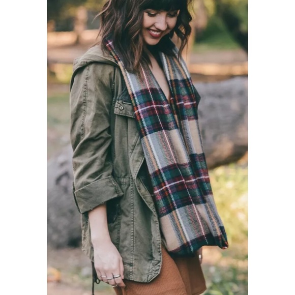 Khaki Plaid Classic Frayed Edge Infinity Scarf - Picture 2 of 4